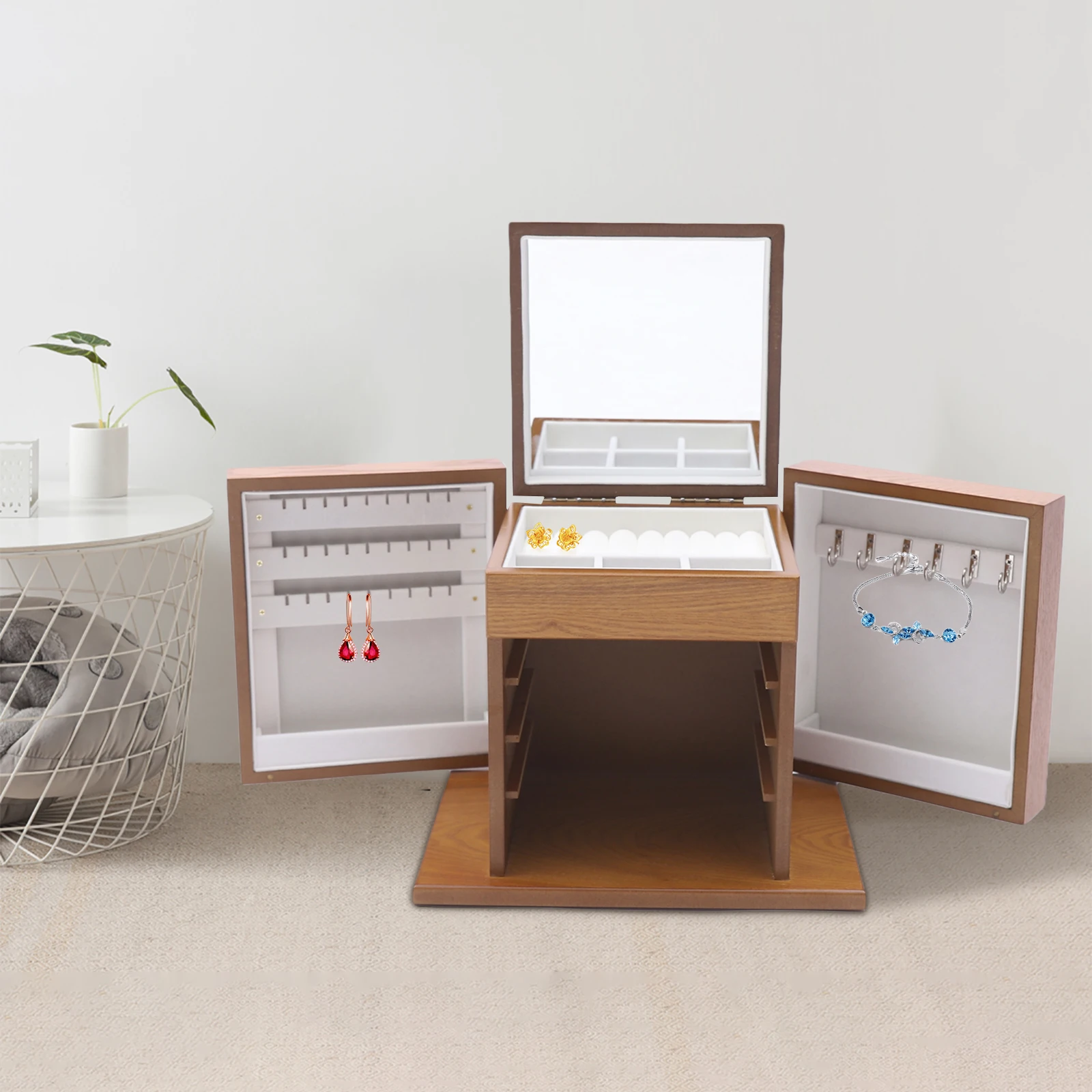 Caixa de joias de 5 camadas com 4 gavetas e 6 ganchos, organizador de 27 slots de grampo de cabelo, caixa de armazenamento de grande capacidade para brincos, colares