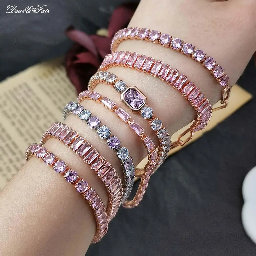 Romantic Pink Crystal Tennis Bracelets for Female Women Trend Shiny Zirconia Adjustable Folding Buckle Chain on Hand Jewelry