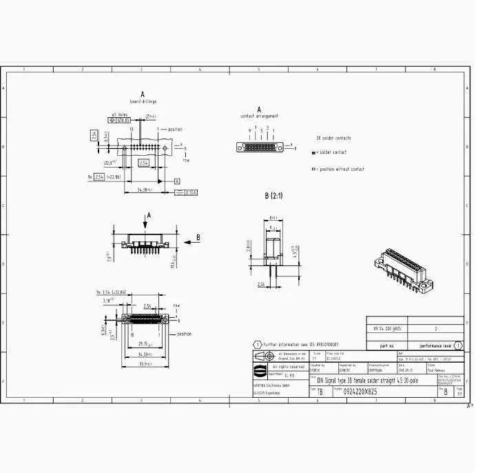 HARTING-conector hembra de onda, método de cableado de soldadura recto, 09242206825, 2A20-pin