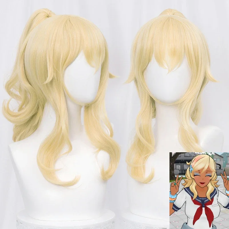 Yandere Simulator Musume Ronshaku 45cm Long Blonde Cosplay Wig with Clip Ponytail Heat Resistant Hair Cosplay Wigs