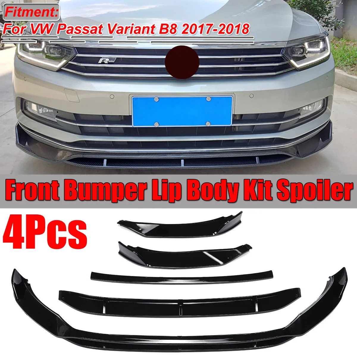 4Pcs Carbon Fiber Look / Black Car Front Bumper Splitter Lip Spoiler Diffuser Cover Protector For VW Passat Variant B8 2017-2018