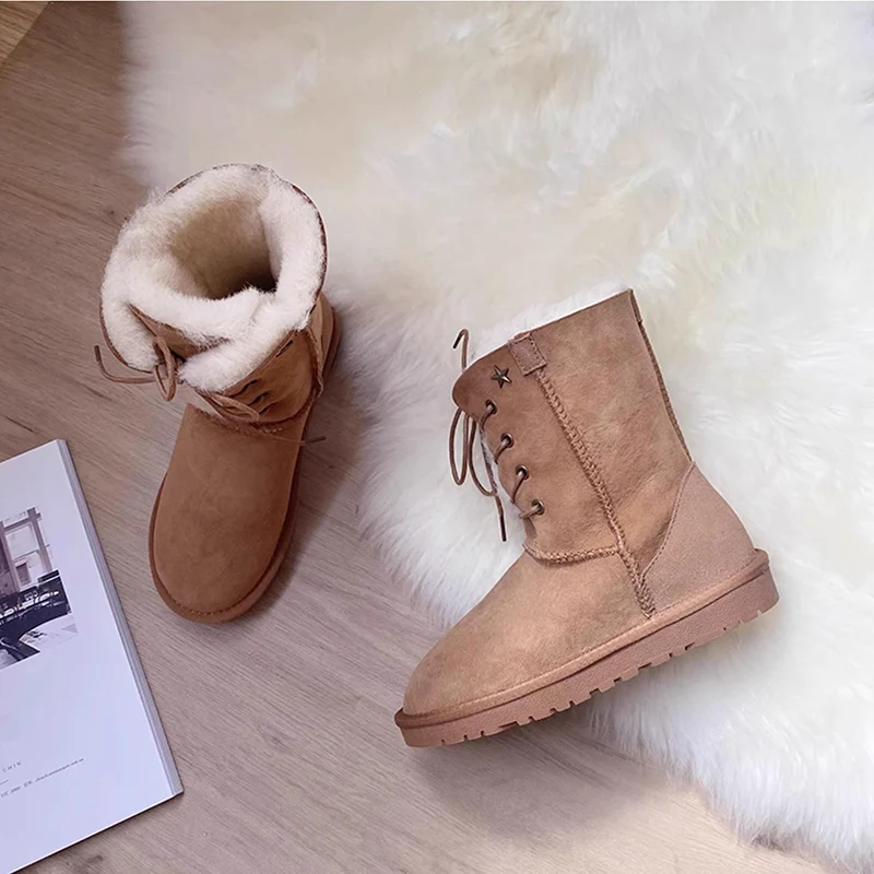 

Classic Lace-Up High Snow Boots Genuine Sheepskin Natural Fur Wool Women Boots Winter Boots Fashion Female Long Boots
