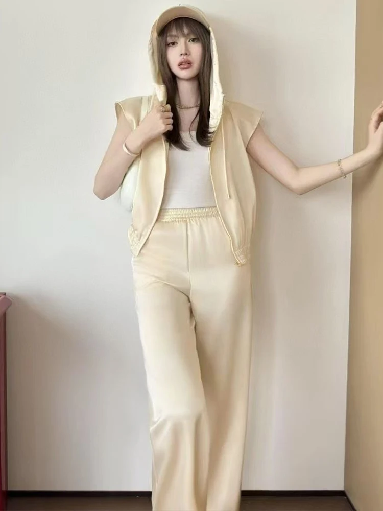 

Retro spring and summer new two-piece hooded zipper short coat+elastic waist wide-leg trousers fashion casual women's suit