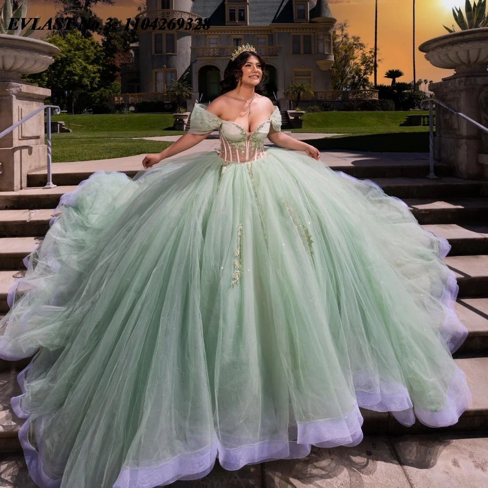 

EVLAST Customized Shiny Mint Green Quinceanera Dress Ball Gown Lace Applique Beaded Mexico Sweet 16 Vestido De 15 Anos E3Q192