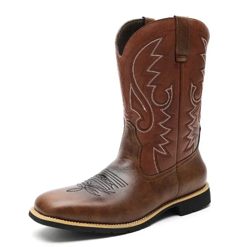 Men Boots Mid Calf Western Cowboy Motorcycle Boots Male Autumn Outdoor PU Leather Totem Med-Calf Boot Retro Designed Men Shoes