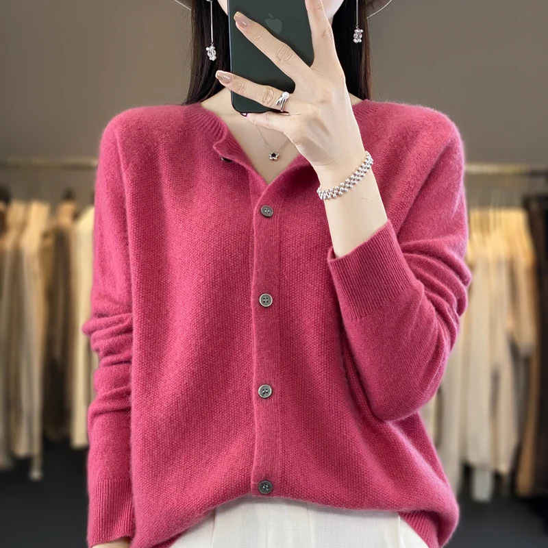 2024 new spring women\'s O-neck elegant cardigan sweater 100% Merino wool solid cashmere knitted women\'s clothing top