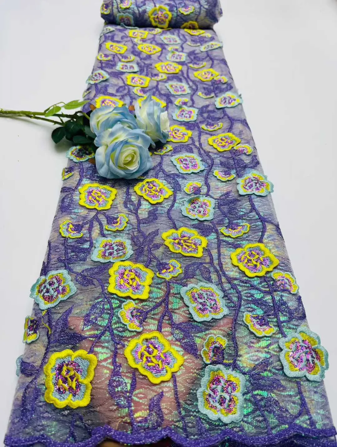 

3D Applique Shiny Sequins Tulle Lace Fabric for Party Asoebi Dress Nigerian African Embroidery Mesh Latest 2026 Style