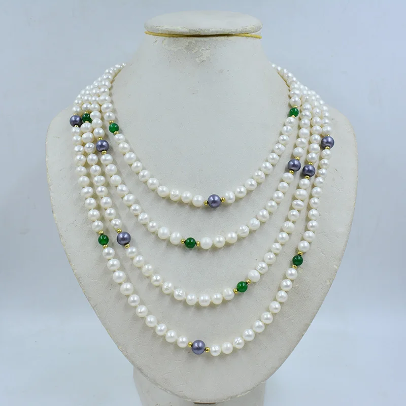 4 row 7MM natural cultured white pearl necklace. Exquisite female party banquet accessories