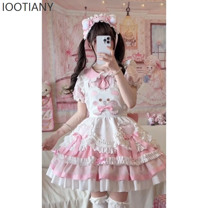 

Cute Pink Patchwork Bubble Sleeve Lolita Cat Dress Japanese Sweet Slim-fit Bow Tie Thin Strap Dress Suit Collar Short Shirt Set