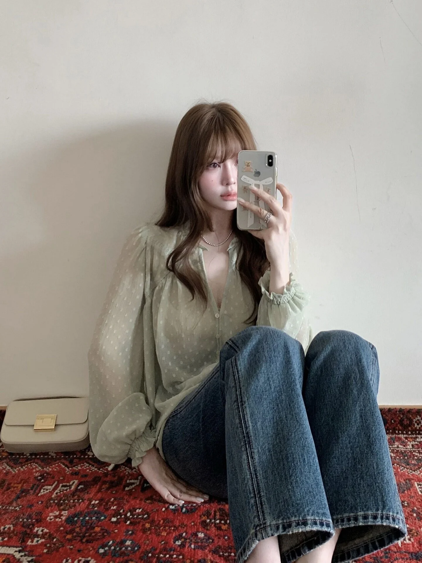 

Green Polka Dot Long Sleeve Women's Sun Protection Shirt Summer Loose Chiffon Top Fashionable Age-Defying French Style Loose Fit