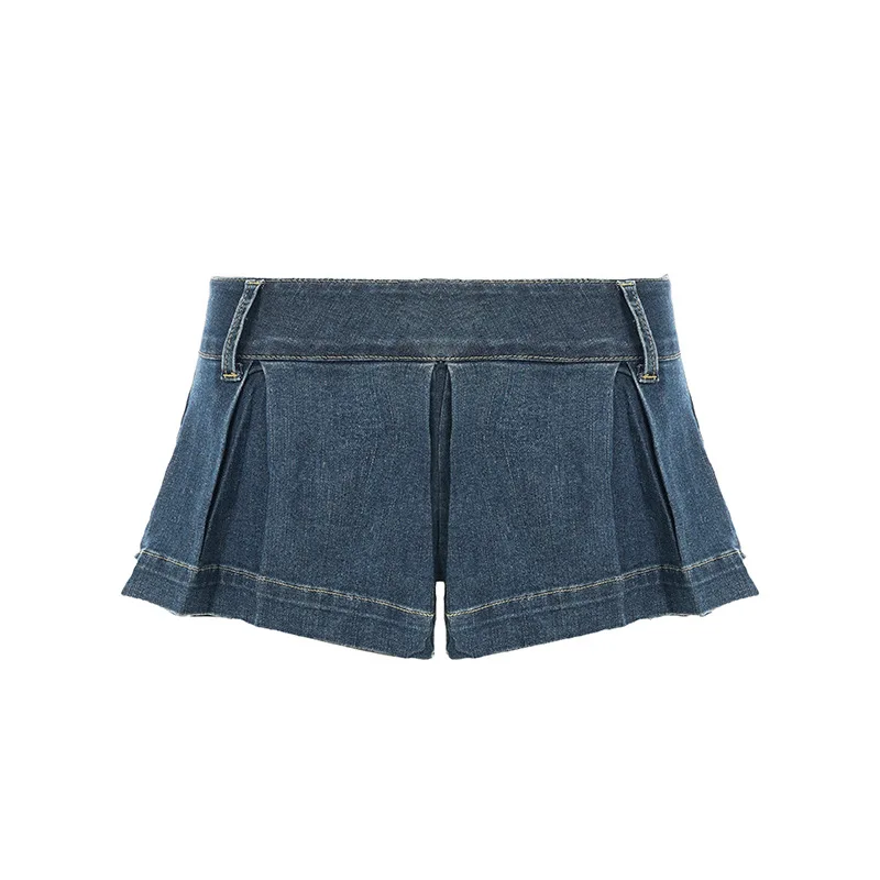 

Новая уличная джинсовая мини-юбка в стиле Spicy Girl, женские мини-юлоты-кюлоты со складками и низкой талией