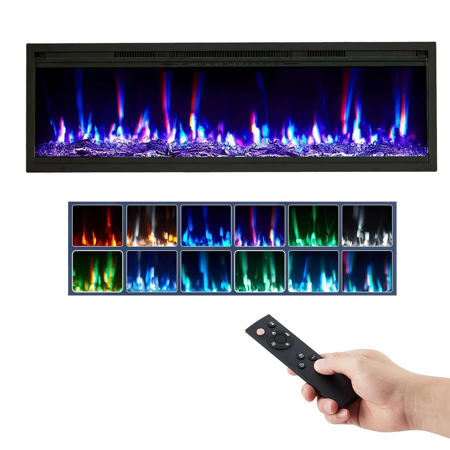Camino elettrico da incasso da 50 "750/1500 W con timer e telecomando 12 colori tremolanti con fiamma realistica Riscaldatore per camino a parete