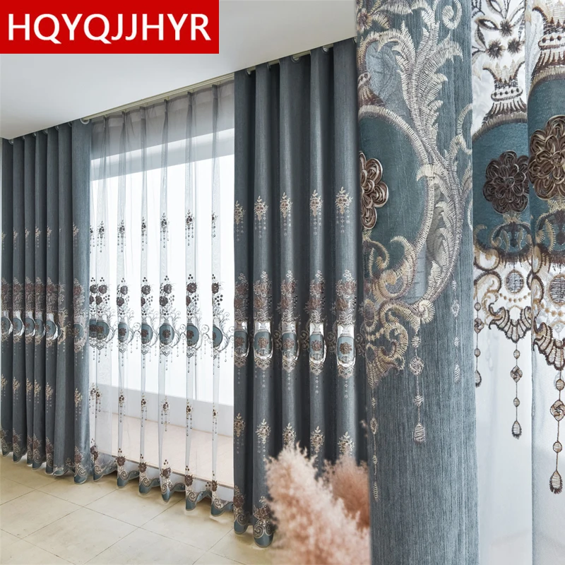 

Modern Luxury Grey Three-dimensional Embroidery Living Room Curtains High Quality Blue Bedroom Dining Room Blackout Curtains