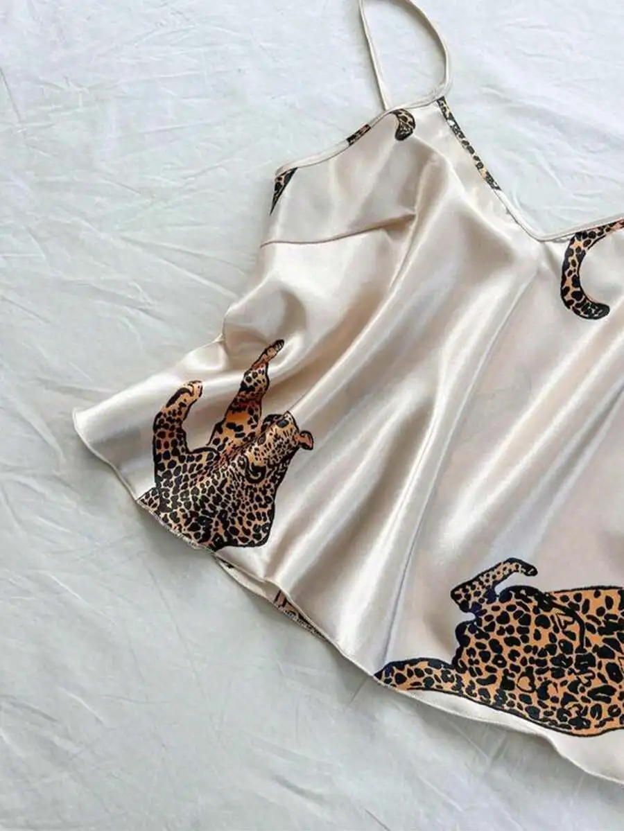

Satin Leopard Print Sleeveless V Neck Sleep Top For Women