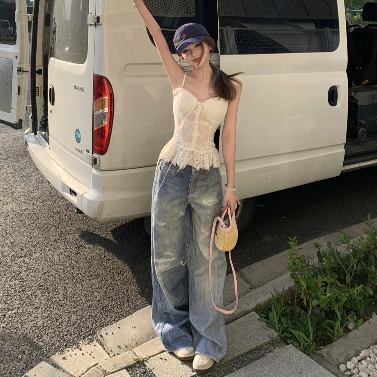 

Summer 2026 Women's Loose Wide Leg Jeans High Waist Straight Cut Retro Style Blue Denim Torn Washed Casual Versatile Floor Le...