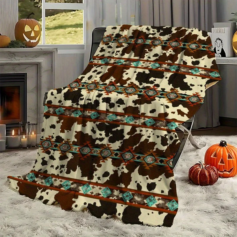 Cream Cow Print Teal Aztec Geometric Stripe Flannel Throw Blanket, Soft Blanket For Sofa Room, Western Ethnic Home Decor Gift