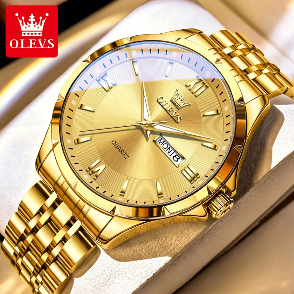 OLEVS Watch Man New Solid Steel Strap Dual Calendar Waterproof Luminous Original Quartz Watches for Men Luxury Men's Watch 2716