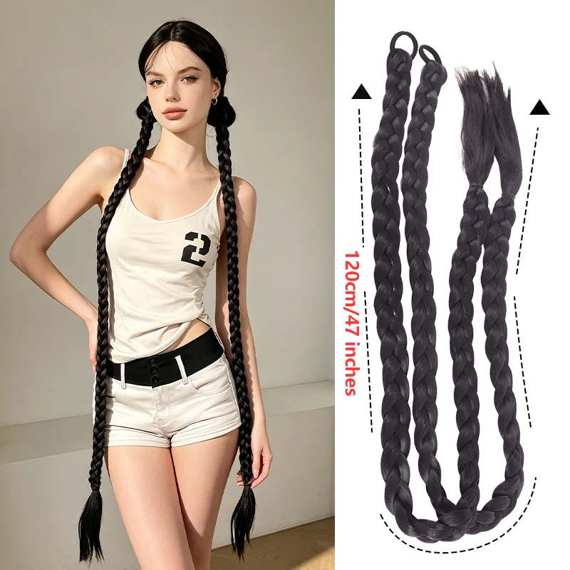2Pcs Double Long Braid Synthetic Hair Wig Extensions, 120cm Braided Ponytail Hairpiece for Halloween Cosplay Costume Party