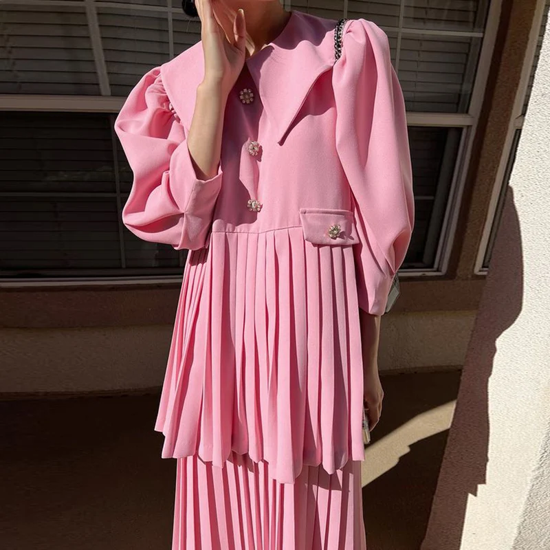 Vestido Longo Psado Chic e Jovial para Mulheres, Estilo Coreano, Manga Bufante, Deco com Botões Florais, Saia de Dupla...