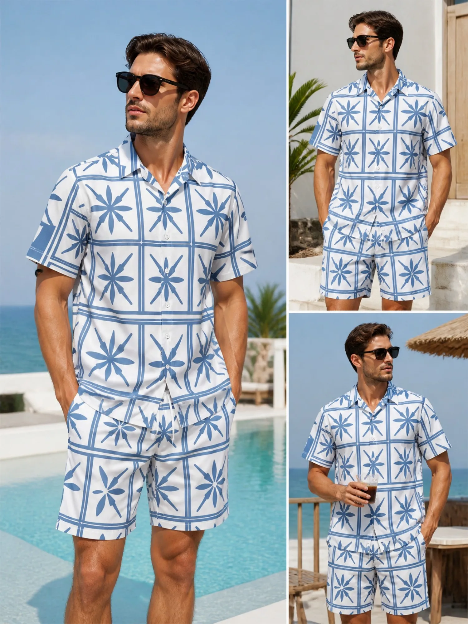 Mens Floral Short Sleeve Shirt and Drawstring Shorts Set Beach Vacation Casual Summer Two Piece Matching Beach Outfit Summerwear