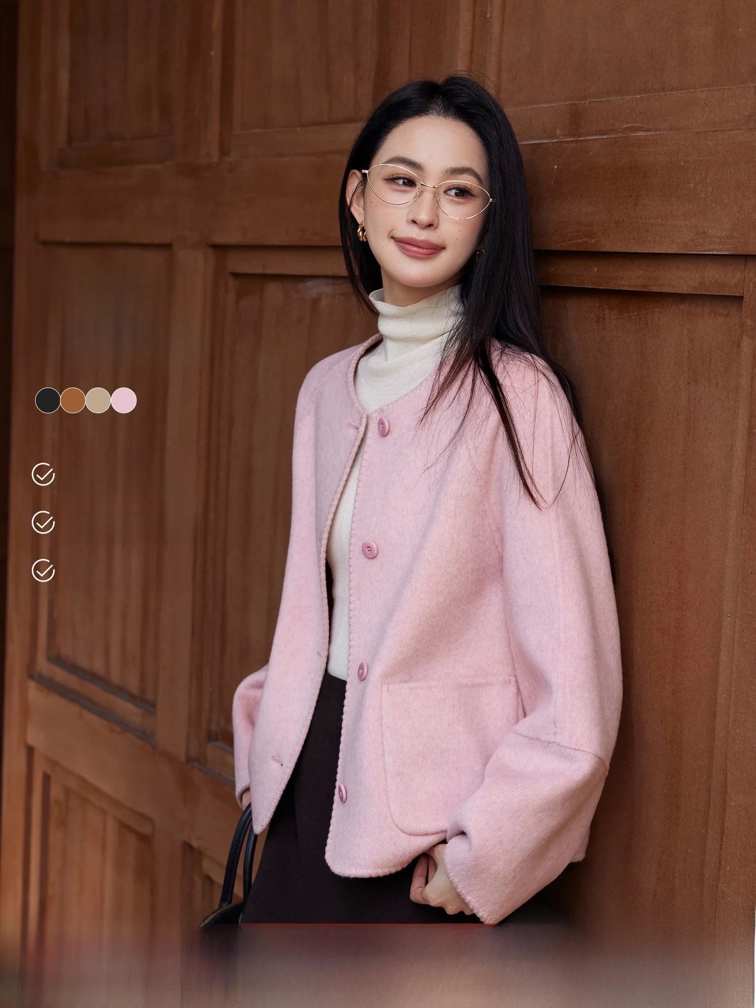 

Розовое двустороннее шерстяное пальто для женщин, зимнее, в корейском стиле, утепленное, для повседневной носки, модная женская верхняя одежда