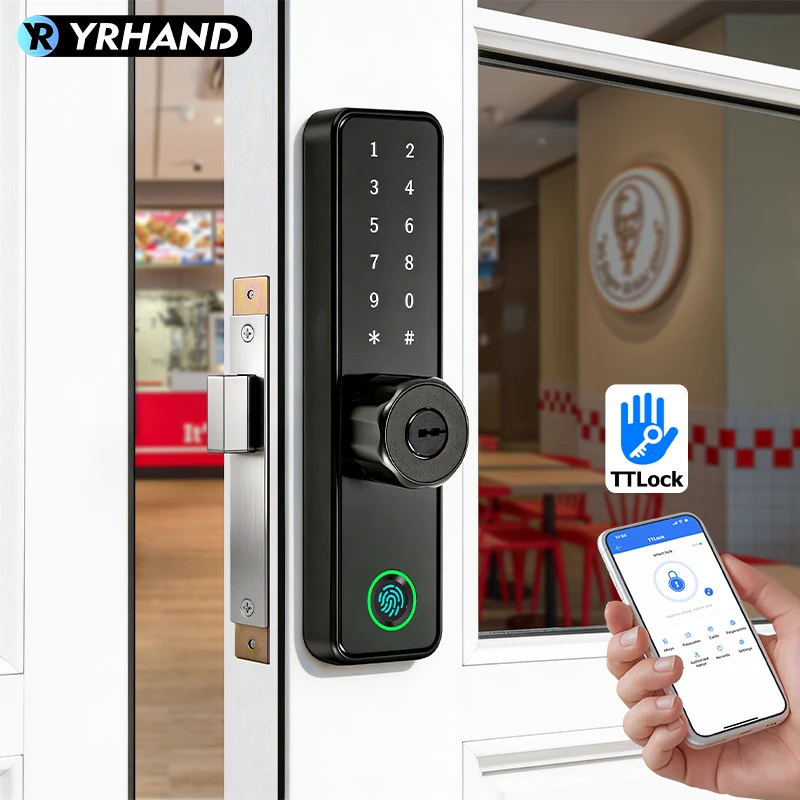 

Умный дверной замок KFC с отпечатком пальца и приложением TTlock, 5-в-1, с функцией разблокировки, неразрушающая установка для алюминиевых и стеклянных дверей магазинов
