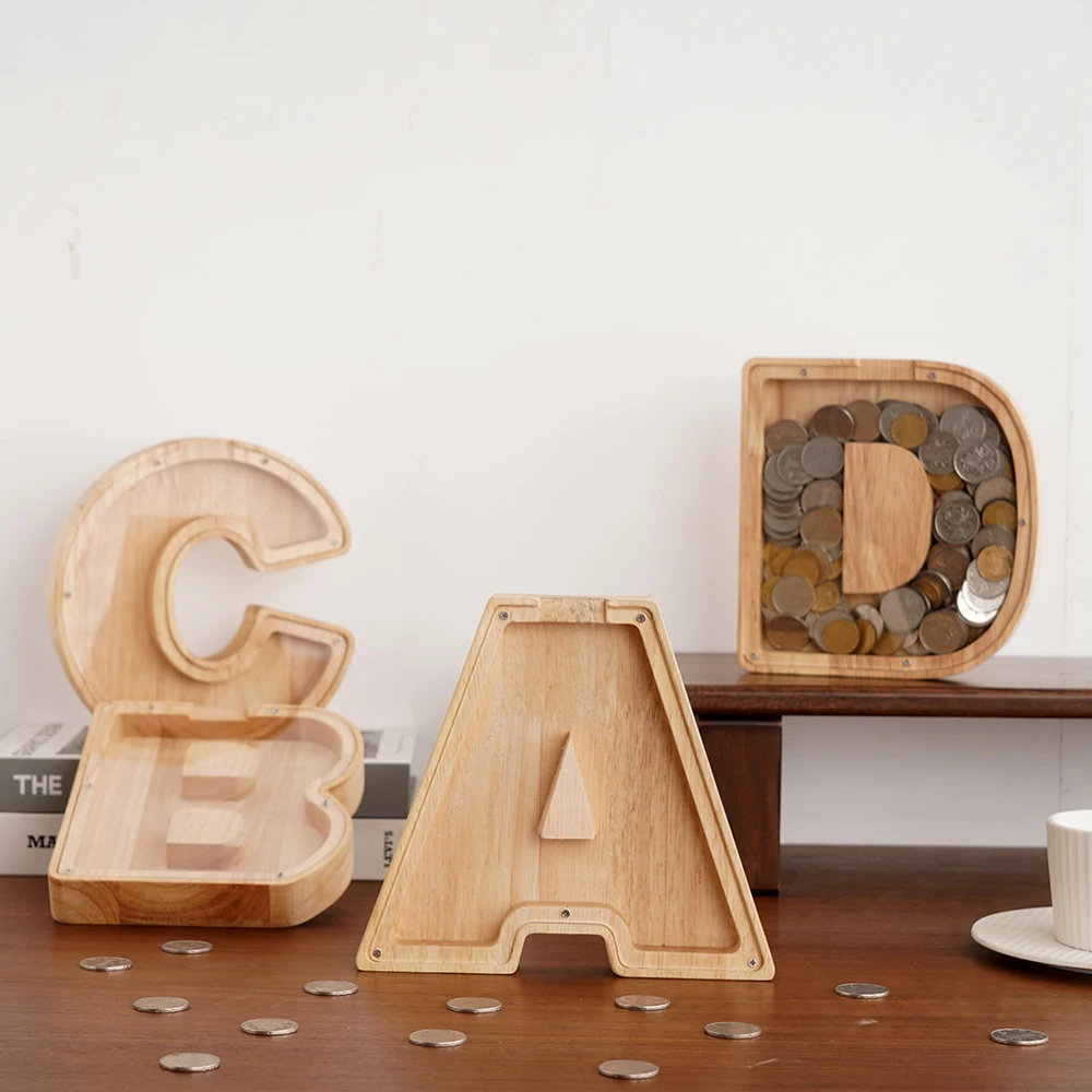 26 English Alphabet Moneybox Coin Money Piggy Bank Wooden Letter Saving Box Desktop Ornament Home Decor Crafts For Kids