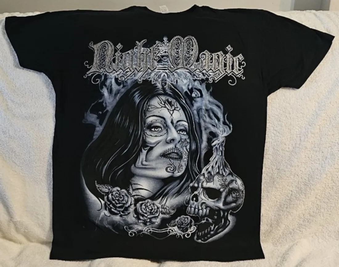 SKULL DAY OF DEAD LADY TATTOO ROSE FLOWER NIGHT MAGIC T-SHIRT