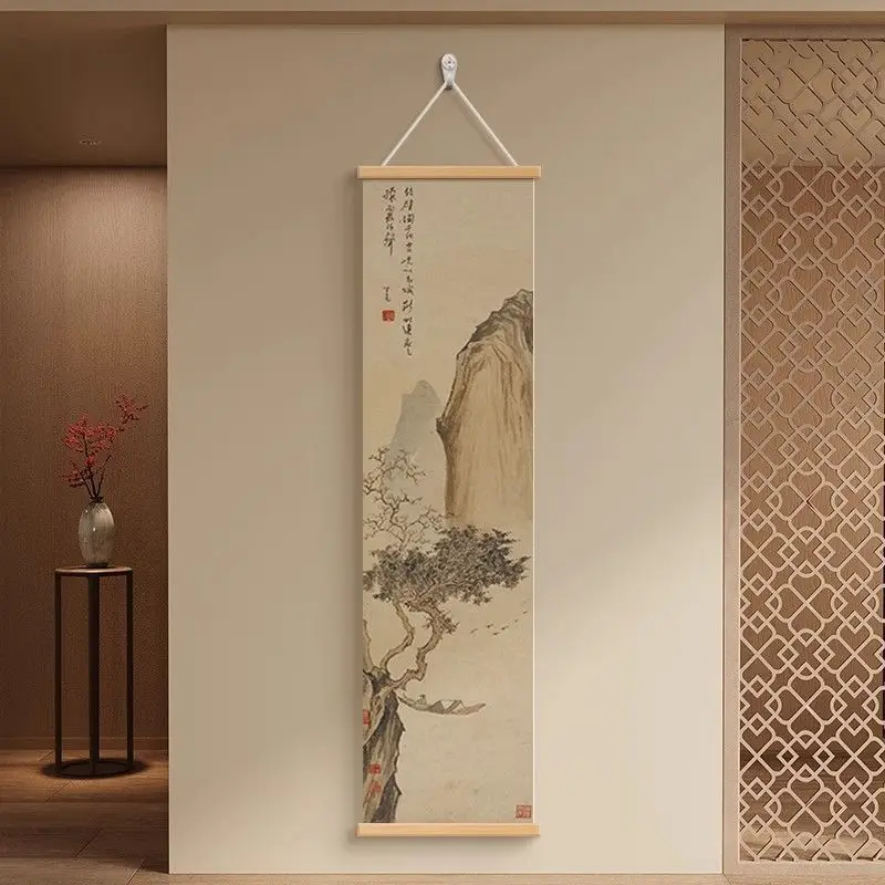 Landscape Wall Art, Wooden Frame Ink Painting for Living Room Meditation Decor, Asian Minimalist Scroll Hanging Painting