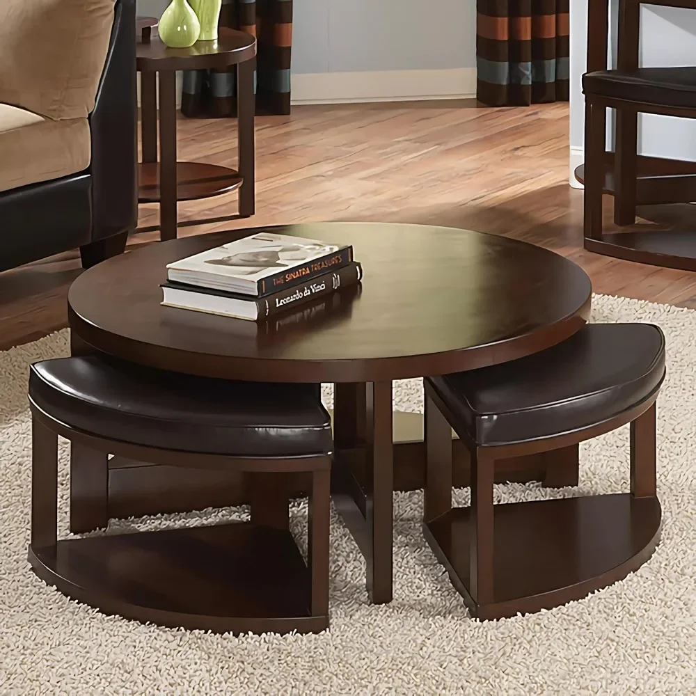 Coffee Table Set, Round Tables with 4 Upholstered Nesting Stools, Space-Saving Design, 5-Piece Coffee Table Set