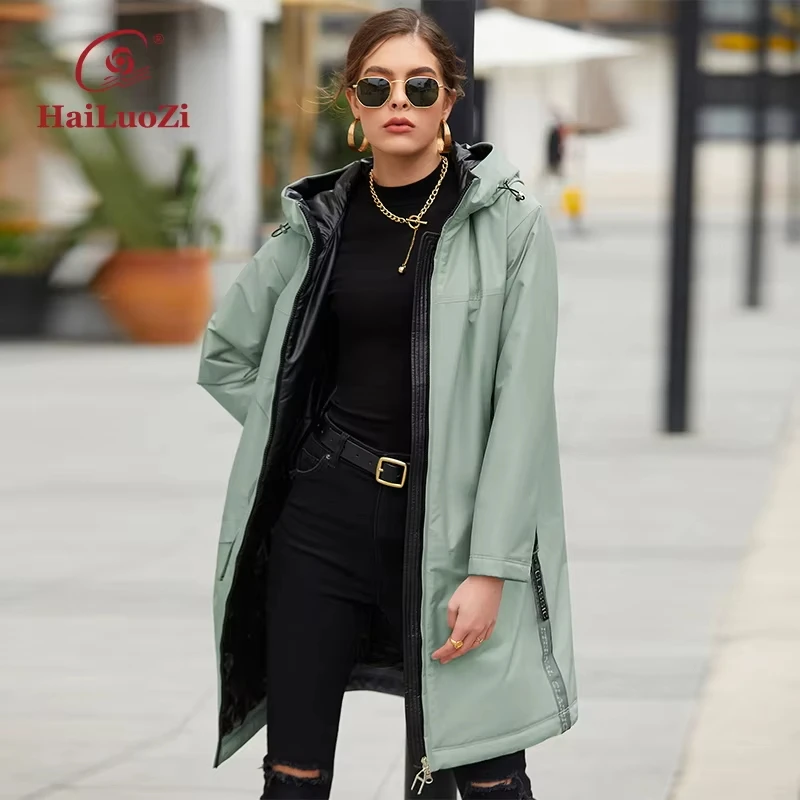 HaiLuoZi 2022 Long  Simple Spring Women Coat Fashion Soild Color Warm Women's  Jacket Female Hooded Elegant Windproo Parkas 7863