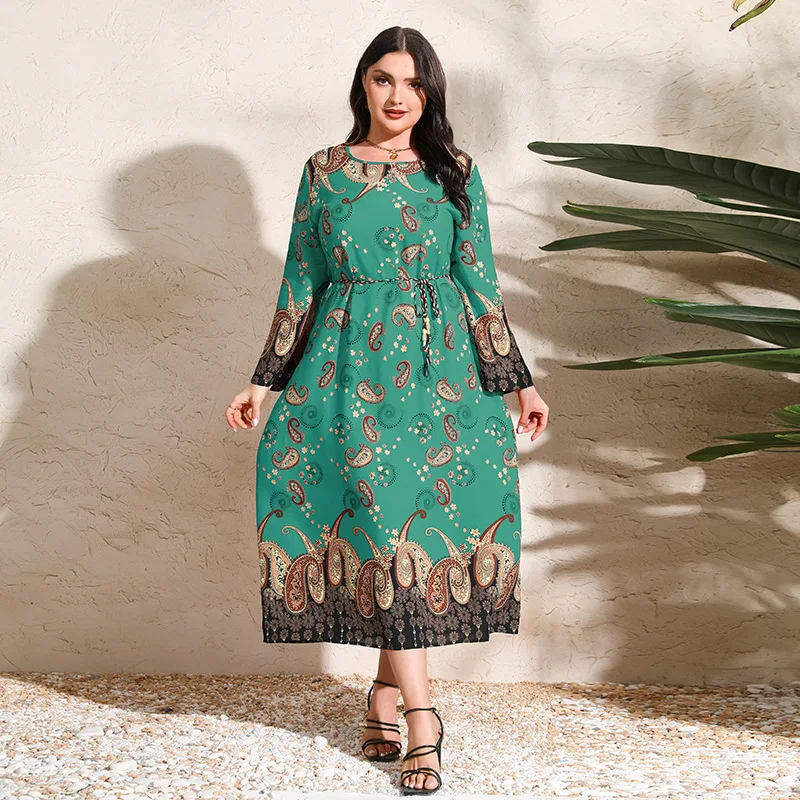 

Large size ethnic style loose long dress, cashew print long-sleeved dress, high-end temperament elegant classic women's clothing