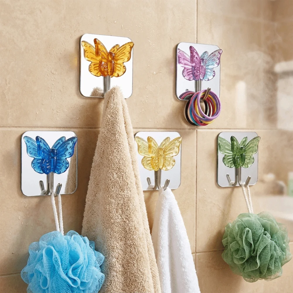 2PCS Self Adhesive Crystal Glass Butterfly Hooks Waterproof with Mirror Wall Hooks Decorative Bathroom Hook Kitchen