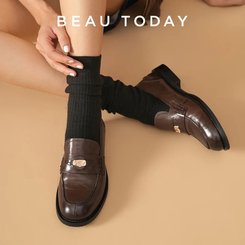 BEAUTODAY Dress Loafers Women Genuine Cow Leather Round Toe Metal Penny Slip-on Ladies Moccasin Shoes Handmade 26314