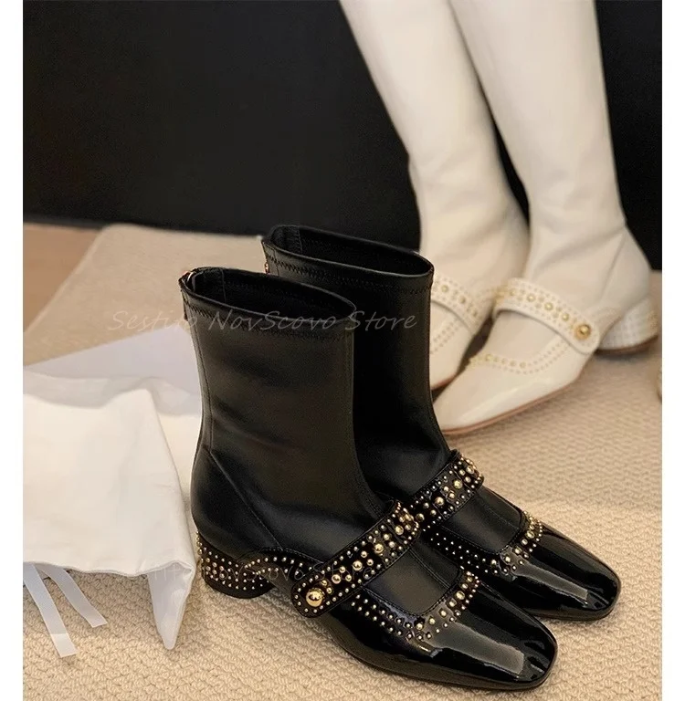 Square Toe Studded Ankle Boots Closed Fitting Block Low Heels Rivets Decor Autumn Sexy Ladies Dress Party Design Knee High Boots