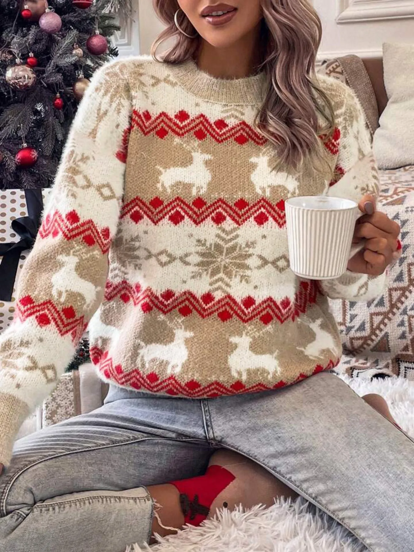 

Women's Pink Christmas Reindeer Pattern Oversized Knit Sweater Crew Neck Holiday Pullover Fashion Ladies Comfortable Warm Top
