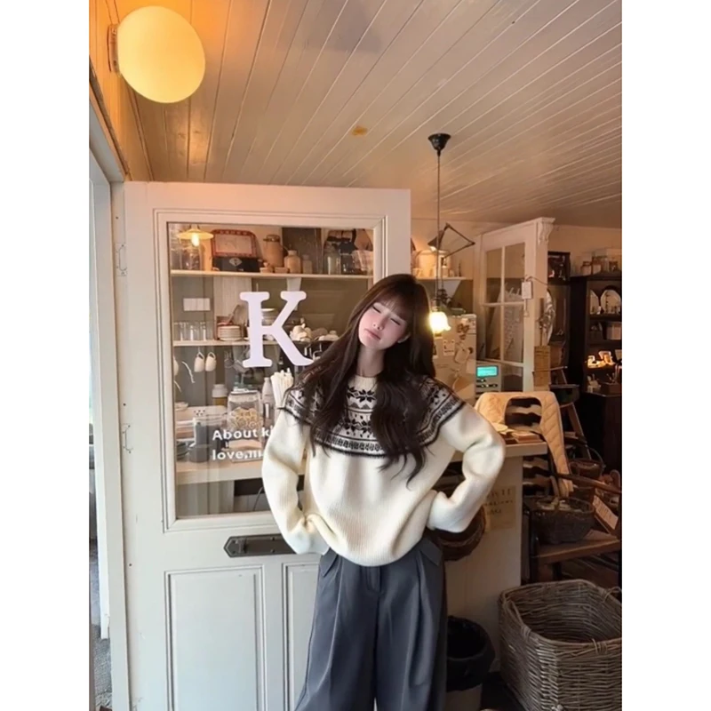 YIBASHU المرأة الأبيض منقوشة البلوز سترة Y2k خمر 2000s فحص البلوز متماسكة طويلة الأكمام س الرقبة سترة الخريف الشتاء #3