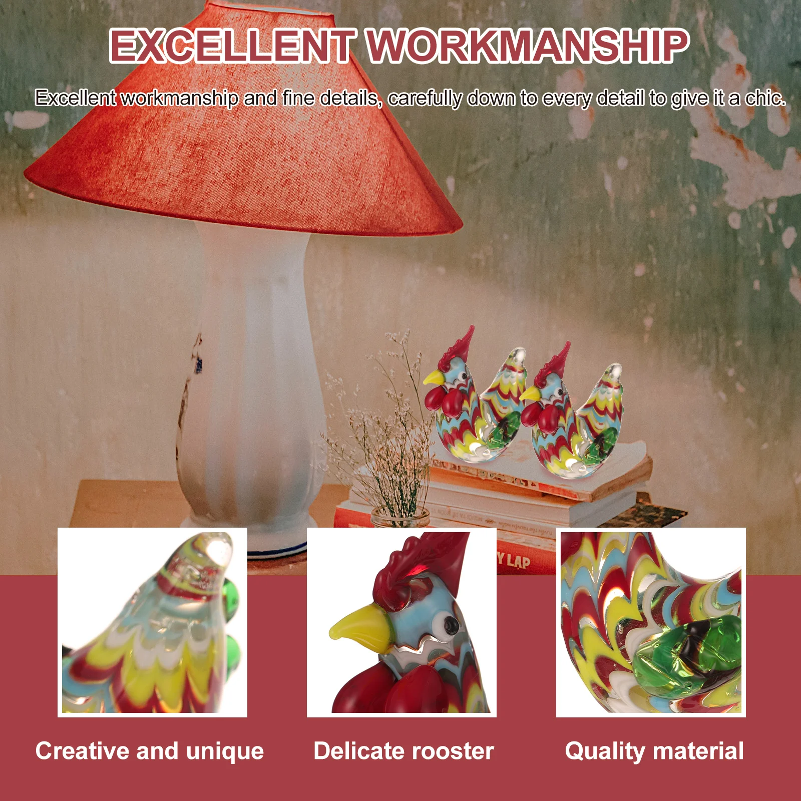 

Rooster Decoration Funny Chicken Statue Mini Glass Figurines Office