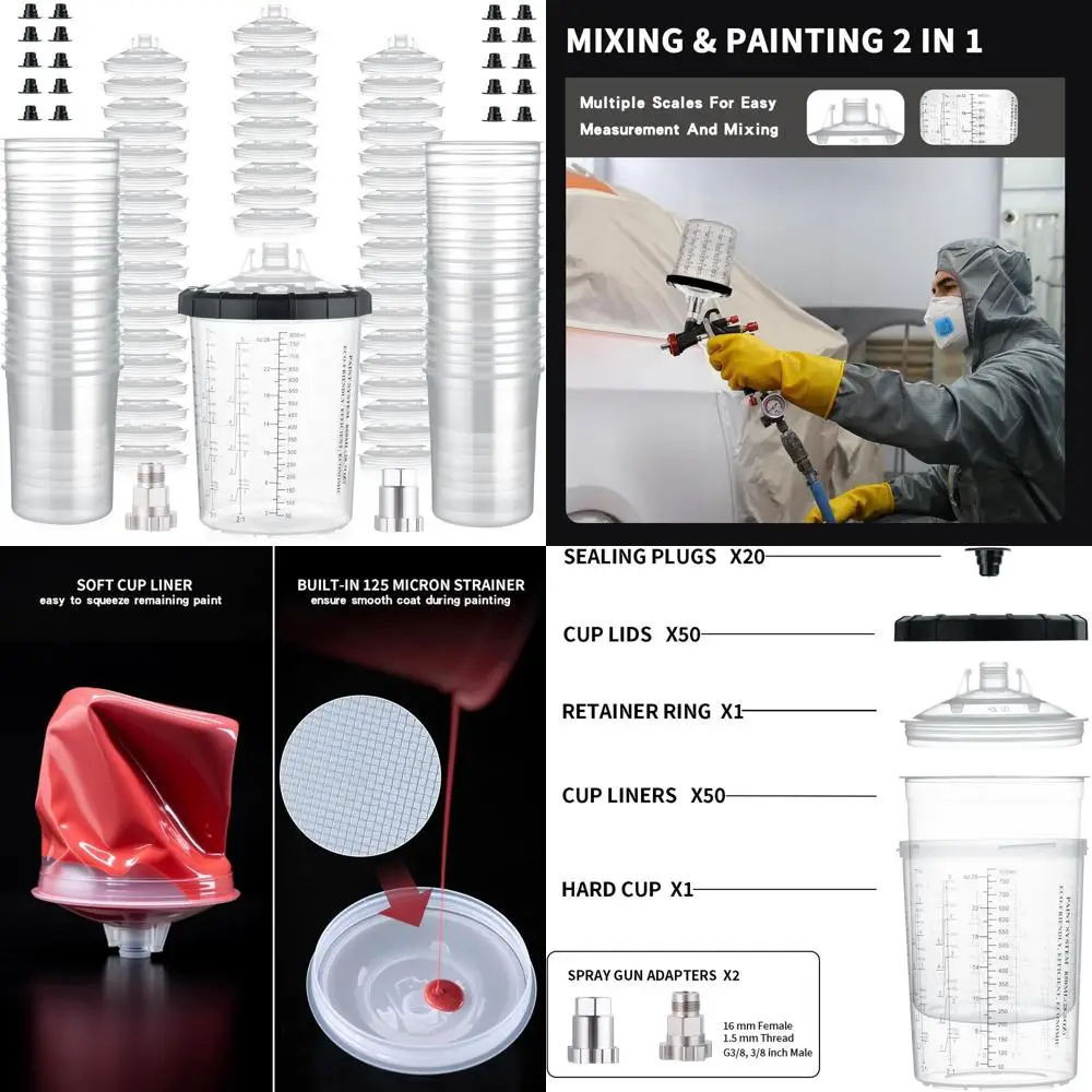 

Disposable 28 Oz Paint Cup Liners and Lids Set for Spray Guns - 50 Cups, 50 Lids, 1 Hard Cup, 20 Plugs, 2 Adapters