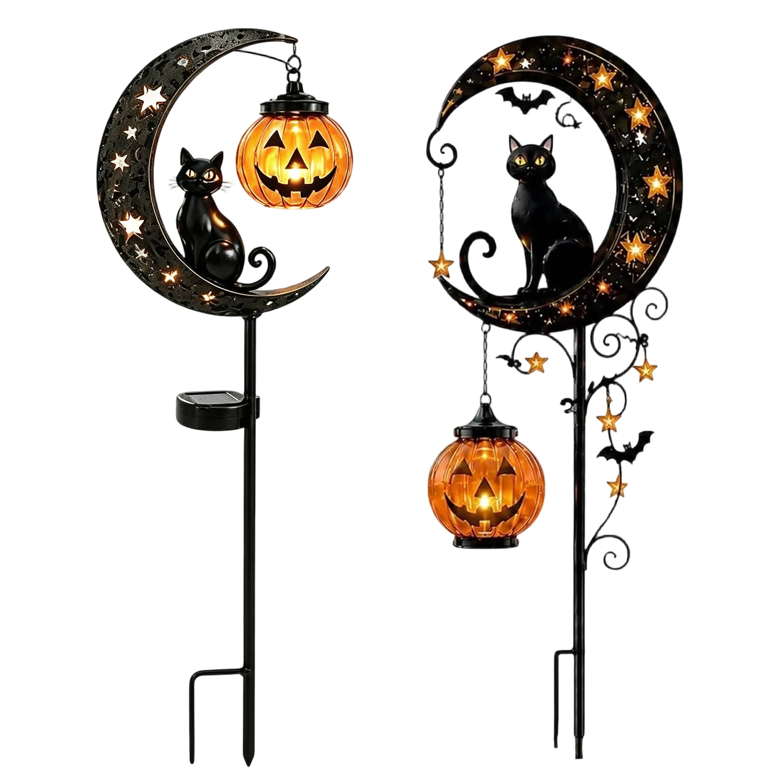 Solar Cat Moon Solar Lamp Outdoor Weatherproof Metal Pumpkin Stake Lights Auto On/Off for Outdoor Patio Pathway Yard Lawn Decors