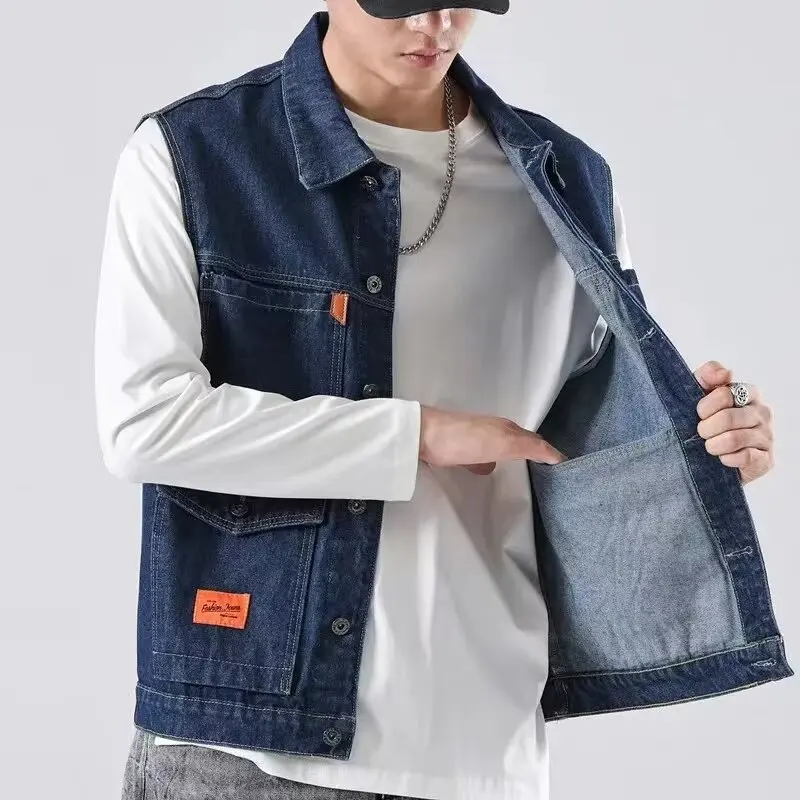 Retro Japanese Style Men's Denim Vest Spring Autumn Multi-Pocket Durable Wear-Resistant Sleeveless Shoulder Pad Vest Jacket
