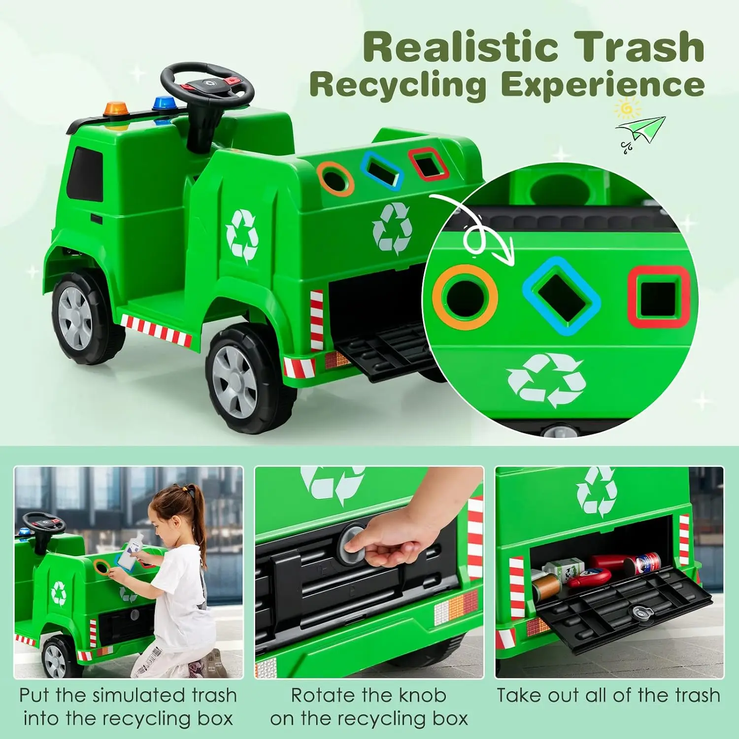 GLACER Kids Ride on Car, 12V Recycling Garbage Truck Toys w/Remote Control | Battery Powered Trash Truck Toys with Warning Light