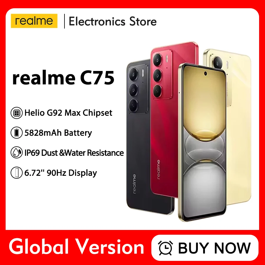 النسخة الروسية هاتف ذكي Realme C75 Helio G92 Max شرائح 5828 مللي أمبير بطارية 45 واط شحن 6.72 بوصة 90 هرتز عرض كاميرا 50 ميجابكسل NFC IP69