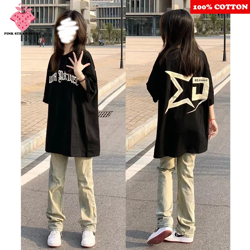 

American style Letter Print T-shirt Women Summer 2025 New 100% Cotton Short sleeve Black Tee Loose Casual Y2k Top Female clothes