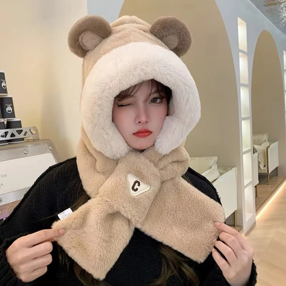 야외 겨울 일체형 스카프 모자 두꺼운 스카프 후드 캡 귀 보호 부드러운 모자 스카프 세트 자전거 모자