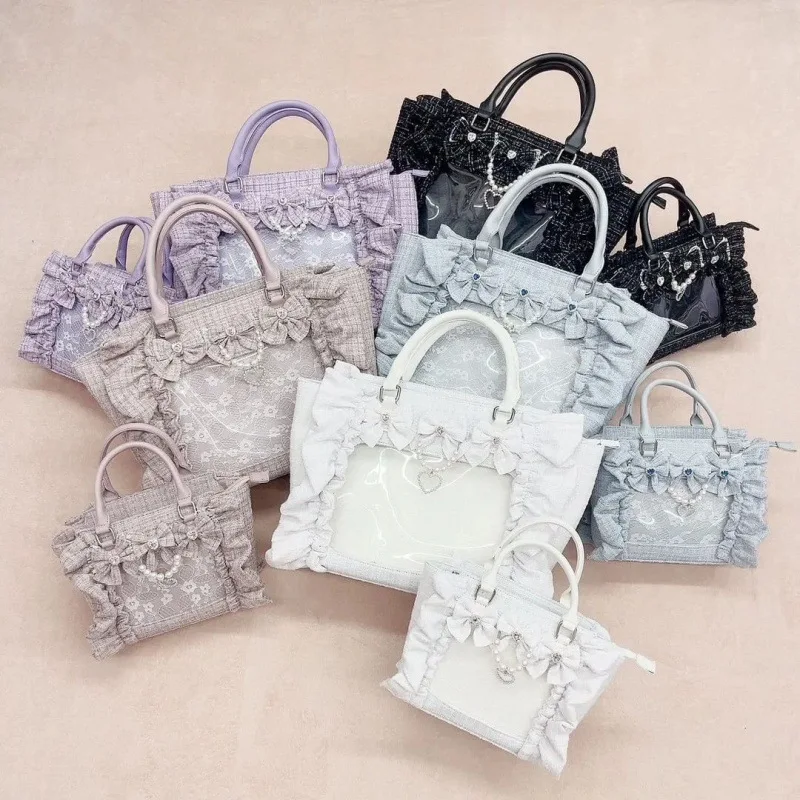 Japanese Sle Lace Trim Painful Bag Small Fraance Sle Handbag Single oulder Satchel Embellied with Button And Pleate... view 3