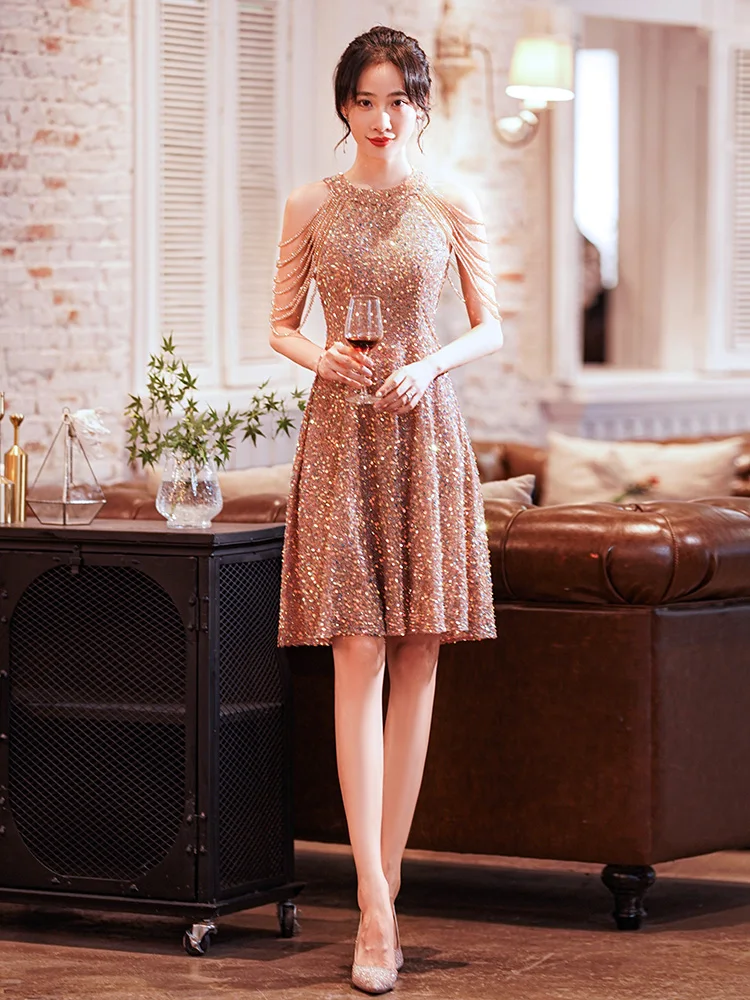 

Champagne Color Evening Dr Ele Ladylike Ball Gown ort A-Line Skirt Wedding Par Performance Faionable Women's Clo...