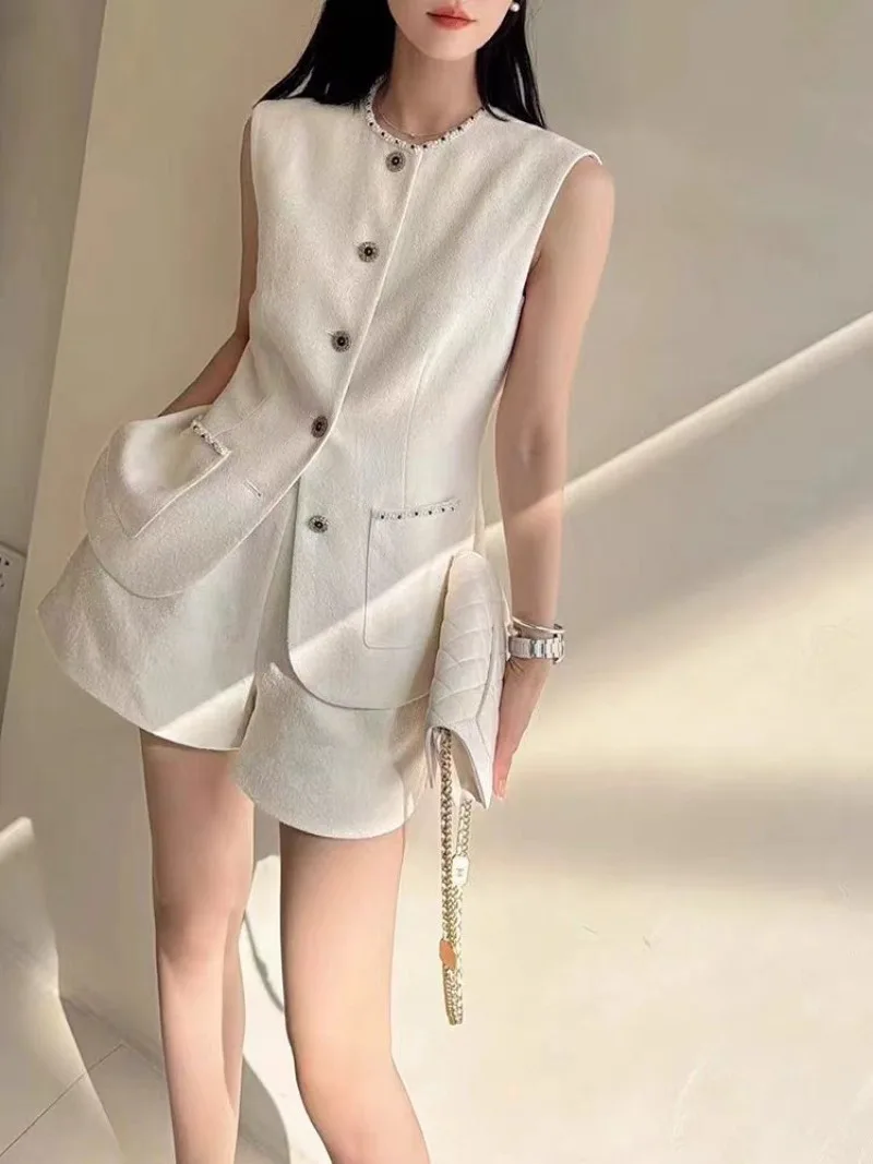 

New High End Small Fragrance Tweed Two Piece Set Women Elegant Sleeveless Fashion Vest Top + Wide Leg Short Sets Women's Suit