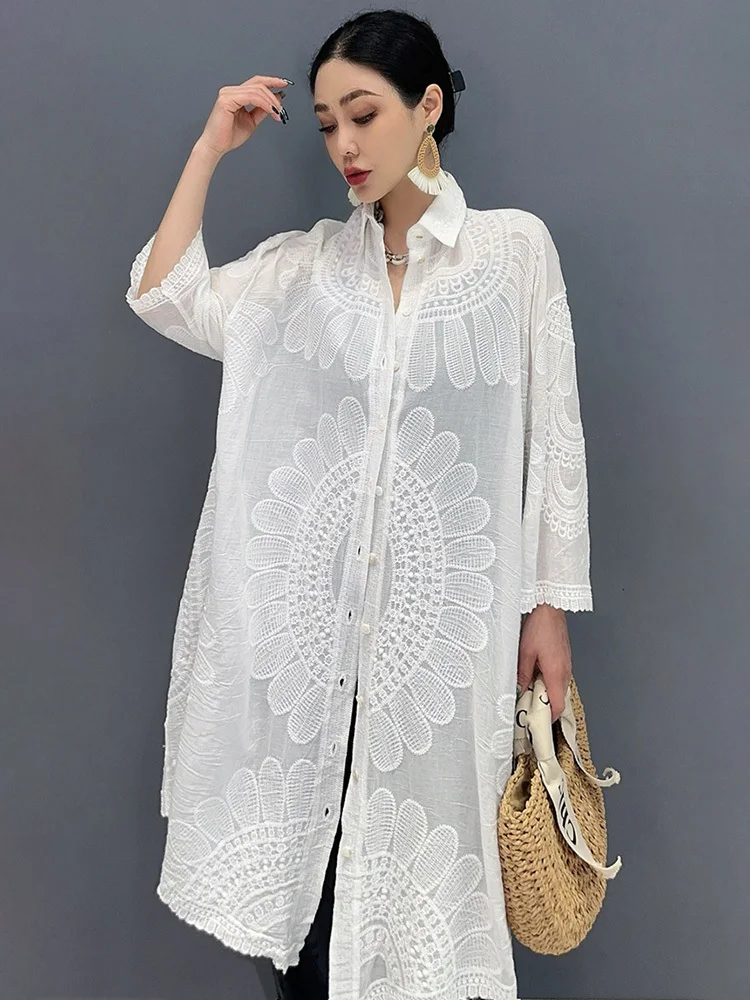 SHENGPALAE 2024 Summer New Korean Long Shirts Versatile Embroidered Solid Color Short Sleeve Collar Fashion Women Blouse 5C1328