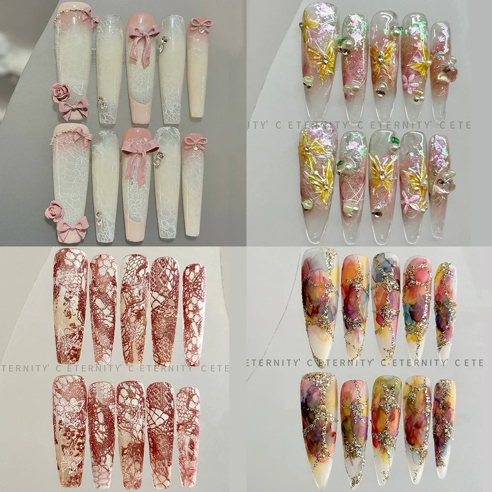 

10Pcs Beautiful Handmade Long Coffin Stiletto Reusable Press On Nails Sweet Cool Flower Diamond Leopard Print French Fake Nails